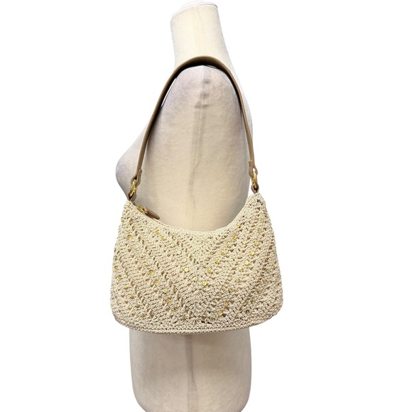 Vtg Y2K 90s Hobo Shoulder Bag Women S Cream Crochet Beaded Boho Summer Purse - Picture 2 of 12